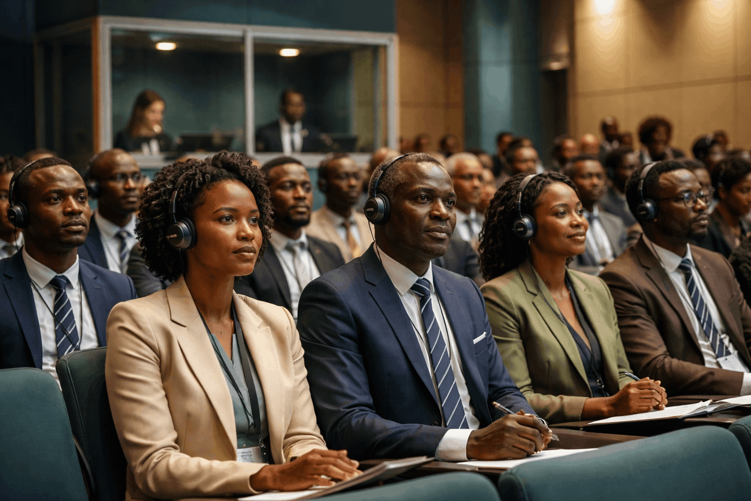 Simultaneous interpreters in a booth at an NGO conference in Africa